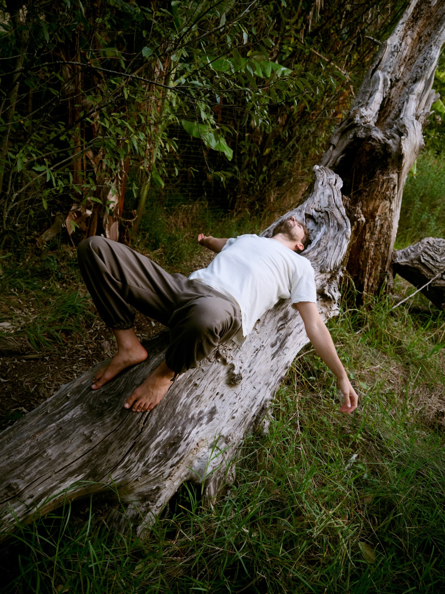 Person in a white tee and loose earth-toned trousers resting on a fallen tree in deep green forest
