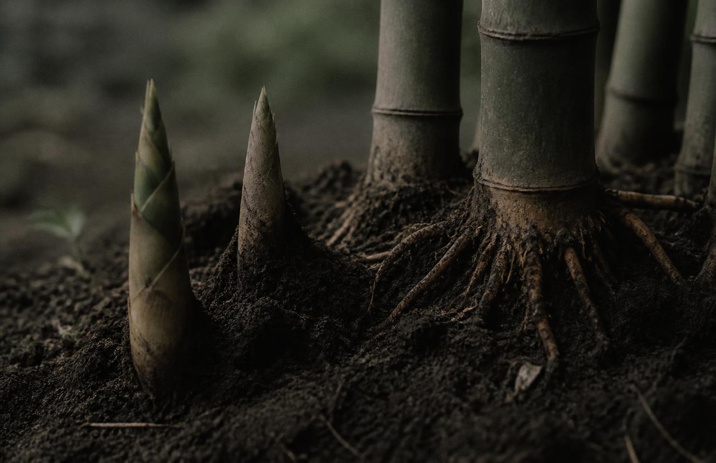 Young bamboo shoots emerging from dark soil beside established roots